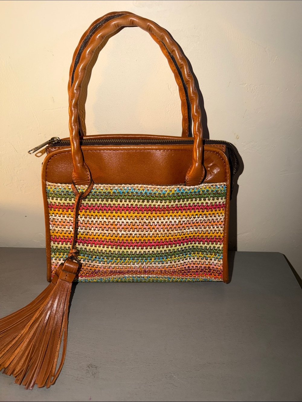 Patricia Nash Multicolor Woven Straw Shoulder Bag with Brown Trim